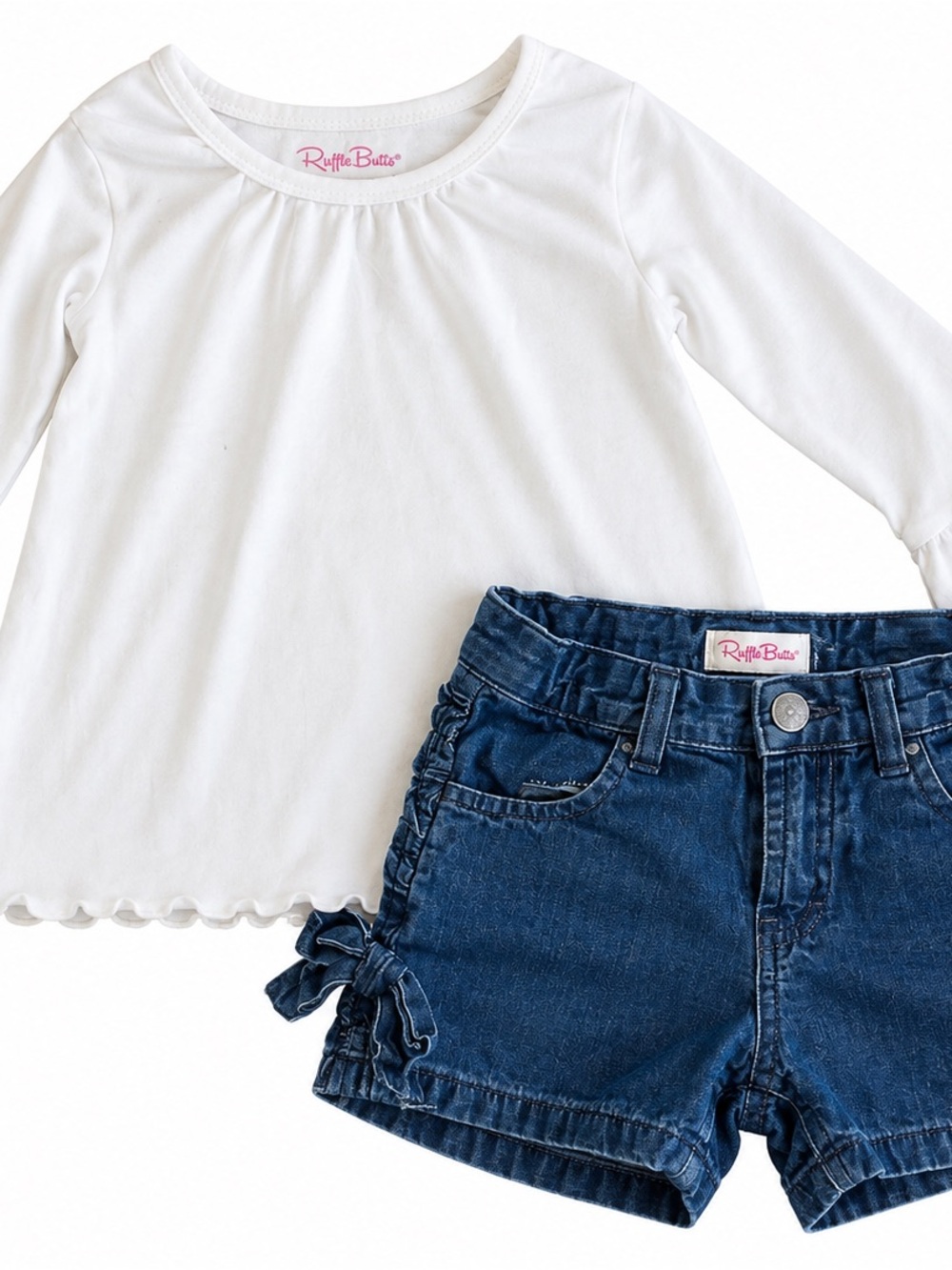 Ruffle Butts White Long Sleeve Top with Scalloped Hem and Shorts